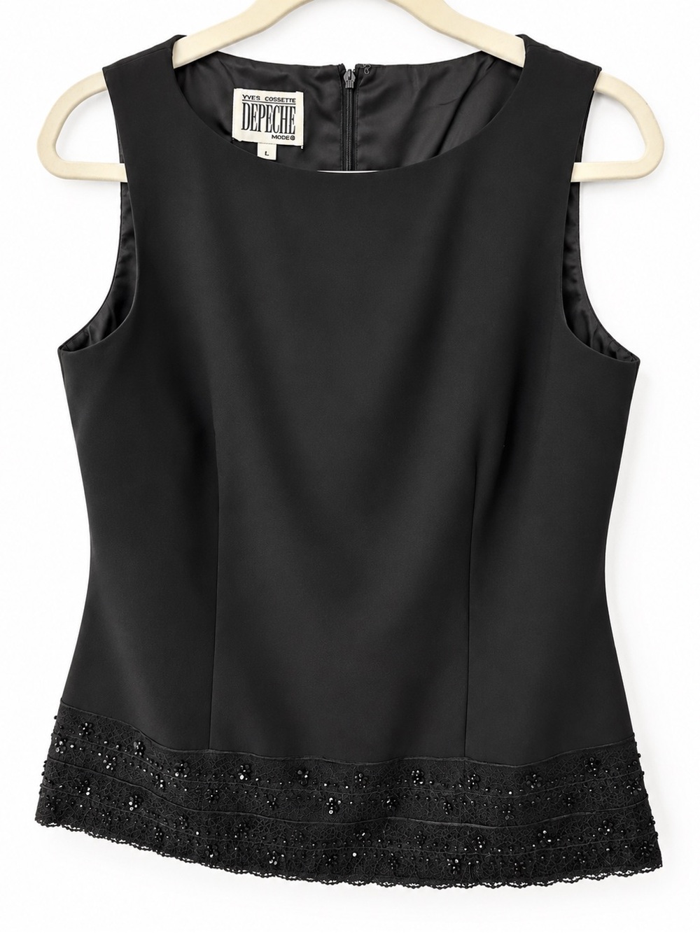Vintage Yves Cossette Depeche Black Beaded Lace Sleeveless Blouse Top Size 6